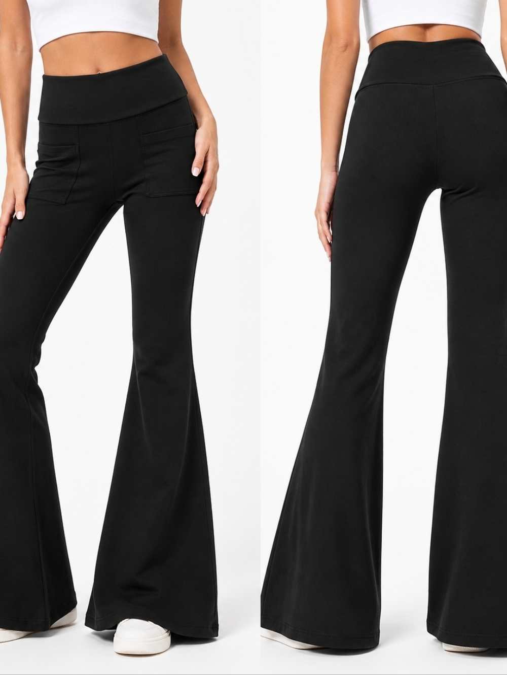 Aerie ($80) Ribbed High Waisted Flare Leggings Black Wide Leg Yoga Pants Pockets